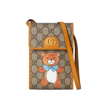 【GUCCI×KAIジョイントモデル】グッチ テディベアプリント キャンバスとレザー ワンショルダー斜め携帯バッグ/ミニ ベージュ エボニー
