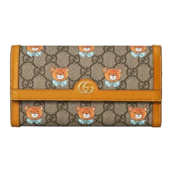 【GUCCI×KAIジョイントモデル】グッチ テディベアプリント キャンバスとレザー ロングフラップウォレット ベージュ エボニー