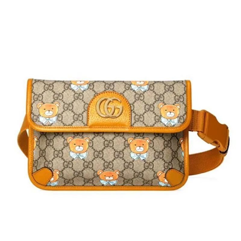 【GUCCI×KAIジョイントモデル】グッチ テディベアプリント キャンバス＆レザー クロスボディウエストバッグチェストバッグ スモール ベージュ/エボニー